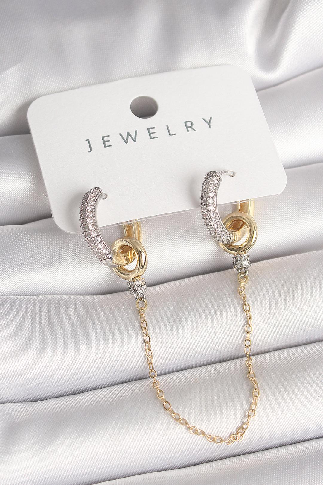 ✨ Elegante Einzel-Ohrring mit Zirkon & Kettendetail – Mix Silber/Gold ✨