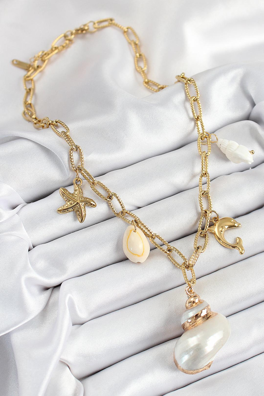 Damenkette – 316L Edelstahl, Goldfarbe, mit Muschel- und Sternanhänger (45 cm)